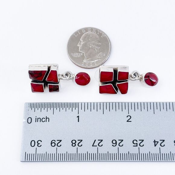 Vintage Sterling Silver 925 Red Jasper Dangle Statement Earrings - Picture 7 of 7